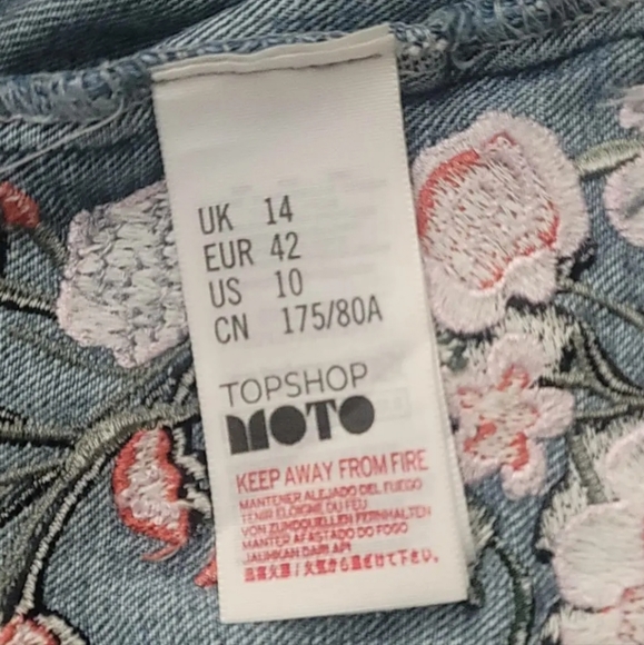 Topshop Moto Womens Jean Skirt Blue Mini Pockets Embroidered Artsy Cotton Y2K 10 - Picture 9 of 10